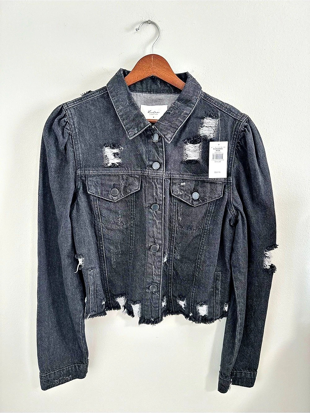 KanCan Cropped Denim Jacket with Puff Sleeves - Distressed